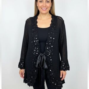 MICHAEL SIMON Black Crochet Cardigan Sweater SIZE 3XL Satin Tie Whimsygoth 90’s
